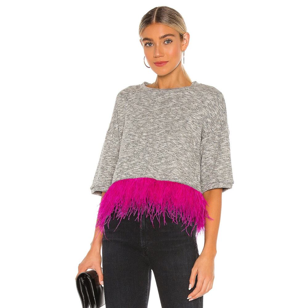 Revolve Le Superbe House Party Top Heather Grey Hot Pink Feathers, Medium